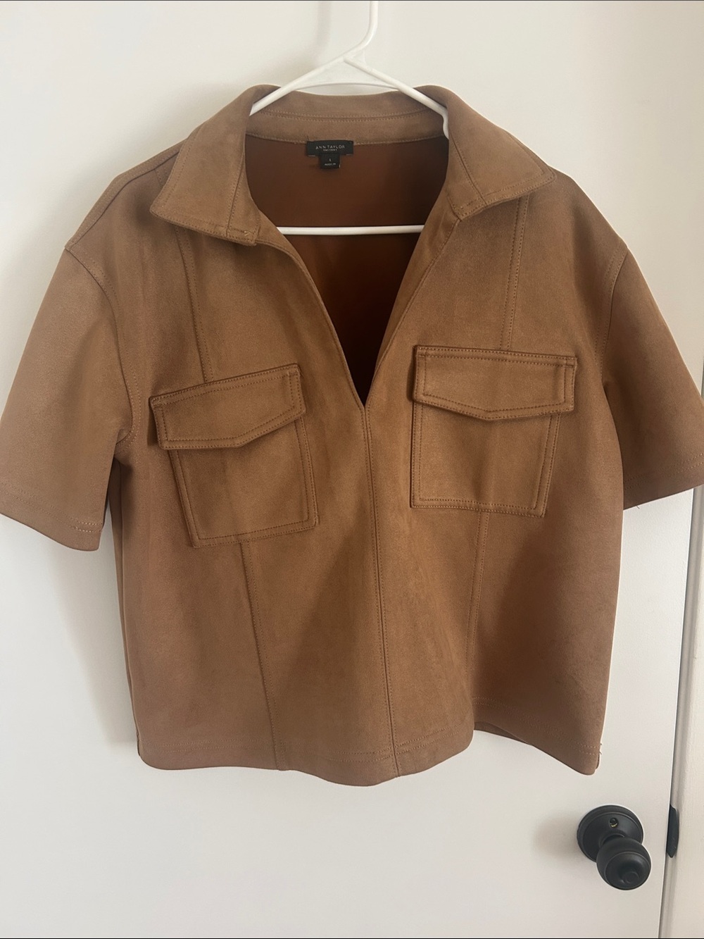 Ann Taylor Factory Short-Sleeve Faux-Suede Utility Shirt Jacket in Brown